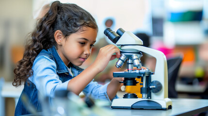 A girl using a microscope in a classroom setting, focused on science education, with a blurred background. Generative AI