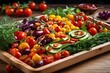 banner. a sizable wooden tray filled with colorful barbecue vegetables, cherry tomatoes, greens, and a summer snack. Summertime delectable and healthful fare suitable for a large gathering or..