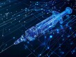 technology in health,  digital blue low poly syringe needle with glowing data streams, ai in healthcare systems, medical diagnostics, treatment planning algorithms, high tech wireframe syringe.