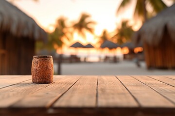 Sticker - A photo of an empty wooden table with a tiki beach bar blurred background Generative AI