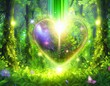 colorful fantasy heart, light beam, green forest field