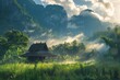 AI generated illustration of a small hut perched on a vibrant green tropical meadow