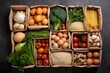 Various farm organic veggies, grains, pasta, eggs, and fruits in reusable packaging supermarket bags are examples of sustainable living and zero waste shopping. copy upper view of space,...