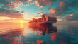 A serene sunset scene featuring a large cargo ship laden with containers, reflecting on the still waters of the sea.