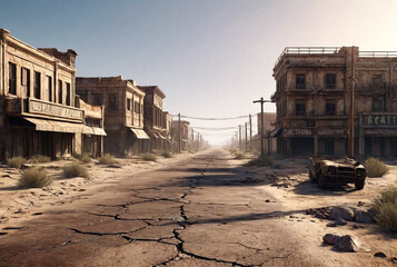 Poster - Doomsday. Post apocalyptic urban scenery image of desert city wasteland, abandoned and destroyed buildings, cracked road. Global apocalyptic conflict concept. Gen ai illustration. Copy ad text space