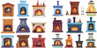 Cartoon fireplaces stoves. Fireplace chimney electric fire wood heat systems, cozy fireside classic