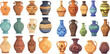 Cartoon greek pots. Ancient pottery ceramic vases, old antique pot jug jars vase