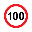 Speed limit sign vector illustration. 100 km icon. Abstract street traffic pictogram. Isolated road signal of circle shape, signboard with black number of maximum speed of cars on highway
