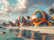 Sea coast with abstract futuristic resort. Creative summer scene with urban luxury design buildings.