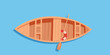Boat top view vector illustration. Aerial view of water transport. Wooden boat with oars and life buoy. Carriage and maritime transportation