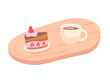 Coffee or black tea cup and cake vector illustration. Cartoon hot drink in teacup. Cafe or restaurant icon. Breakfast time