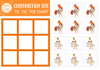 Wall Mural - Vector construction site tic tac toe chart with rooster and hen workers. Building works board game playing field with cute characters. Funny printable worksheet. Noughts and crosses grid .