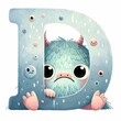 Whimsical Grumpy Monster Hiding Behind Letter D - AI generated digital art