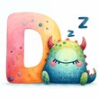 Whimsical Monster Snoozing by Letter D - AI generated digital art