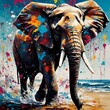 AI generated illustration of Colorful paint splashes surrounding an elephant