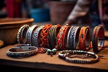 There Are Rows Of Traditional, Vibrant Glass Bracelets And Bangles On Display For Purchase.Indian Traditional Jewelry Store Selling Bangles