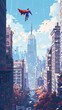 Pixelated superhero city with heroes flying between buildings and saving citizens