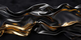 Fototapeta  - Glänzender wellig geschwungener Kunststoff in gold mit schwarz als Hintergrundmotiv und Druckvorlage, ai generativ