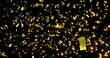 Image of golden confetti falling over multiple golden glowing lights floating on a black background