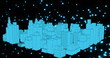 Image of a blue 3d city model over blue circles floating on black background digital composition