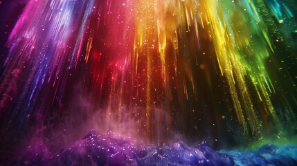 an enchanting explosion of rainbow powder cascading like a waterfall