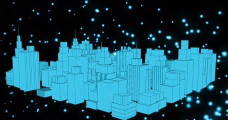 Canvas Print - Image of a blue 3d city model over blue circles floating on black background digital composition