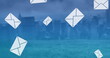 Image of multiple email envelope icons over cityscape