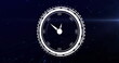 Image of digital clock in loading circles with lens flare moving against black background