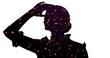 Image of dots in silhouette of woman looking with hand on forehead looking far away