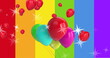 Image of stars and balloons flying over rainbow stripes background