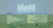 Image of financial data processing over wind turbines field in countryside