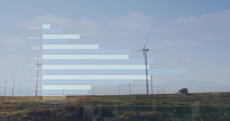 Sticker - Image of financial data processing over wind turbines field in countryside