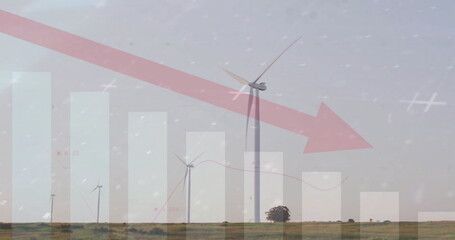 Sticker - Image of red arrow and financial data processing over wind turbines field in countryside