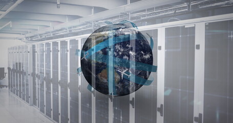 Canvas Print - Digital image of airplane icons flying around the globe against empty server room