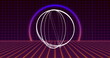 Image of multiple white circles spinning on seamless loop with pink to purple neon and grid