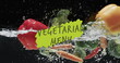 Image of vegetarian menu text over fruit falling in water background