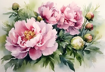 Wall Mural - AI generated illustration of White and pink peonies with green leaves