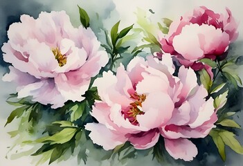 Wall Mural - AI generated illustration of White and pink peonies with green leaves