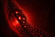 Burbujas de color rojo sobre el círculo de cristal con agua y jabón, flotan en la superficie líquida formando un original diseño abstracto para fondos exclusivos.