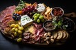 A wooden board filled with assorted cheeses, cured meats, fruits, and crackers, artfully arranged for a lavish presentation.