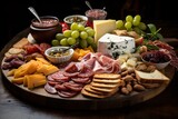 Fototapeta  - Various cheeses, cured meats, and crackers arranged elegantly on a wooden board, accompanied by fruits and condiments.