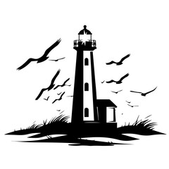 Simple black and white two color company team logo featuring lighthouse very simple low detail.