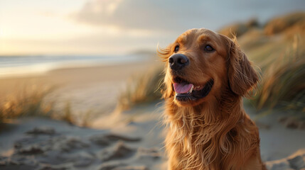 Wall Mural - energetic dog, with a sandy beach stretching into the distance as the background