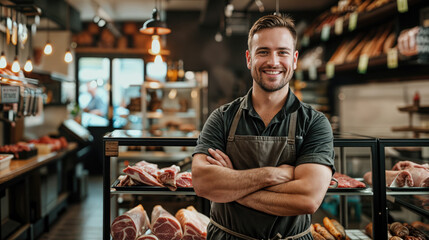 male butcher in a brown apron in a butcher shop