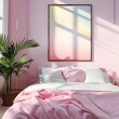 A rectangle frame mockup in the pink bedroom with lighting on the side.