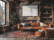 Cozy Cabin Comfort: White Frame Mockup Above Stone Fireplace