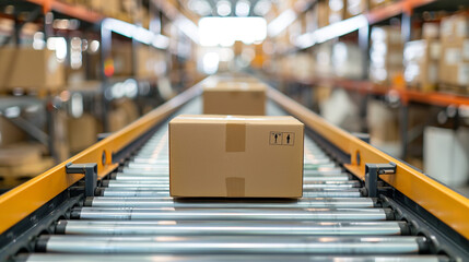 Wall Mural - several cardboard box packages along a conveyor belt in a warehouse fulfillment center