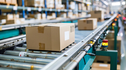 Wall Mural - several cardboard box packages along a conveyor belt in a warehouse fulfillment center