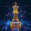 Technology in gaming, digital yellow  low poly king chess pieces with glowing data streams, AI in strategic decision-making systems, leadership in business, market analysis, risk assessment. high-tech