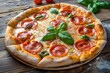 Pepperoni Pizza with Tomato and Basil Topping - Hot Cheesy Delight in Traditional Italian Style